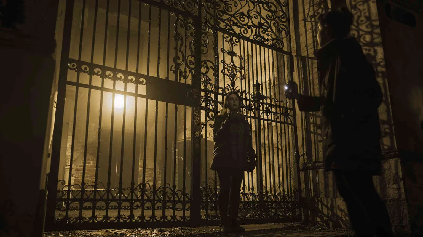 A palpable sense of unease fills the air, as the specter of death hangs over everyone present. Anna's hands shake uncontrollably, David tries to reassure her, and Kate frantically scans the surroundings with a flashlight, seeking a way out. Suddenly, the echo of banging reverberates from the iron gate, signaling a potential lifeline or further peril. - style3部分
