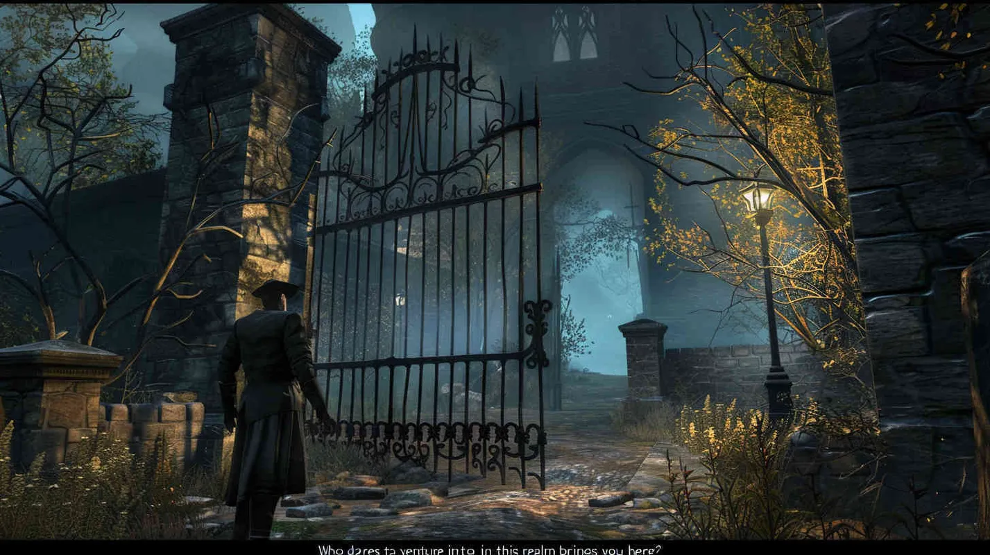 Professor Johnson approaches the iron gate cautiously, hoping to make contact with whoever resides on the other side. A voice emanates from behind the barrier, questioning, 