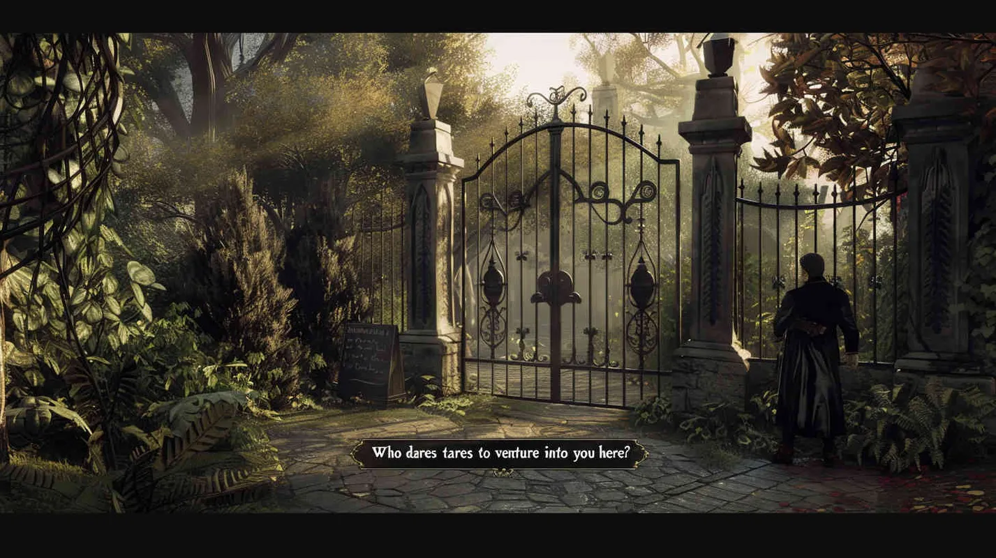 Professor Johnson approaches the iron gate cautiously, hoping to make contact with whoever resides on the other side. A voice emanates from behind the barrier, questioning, 
