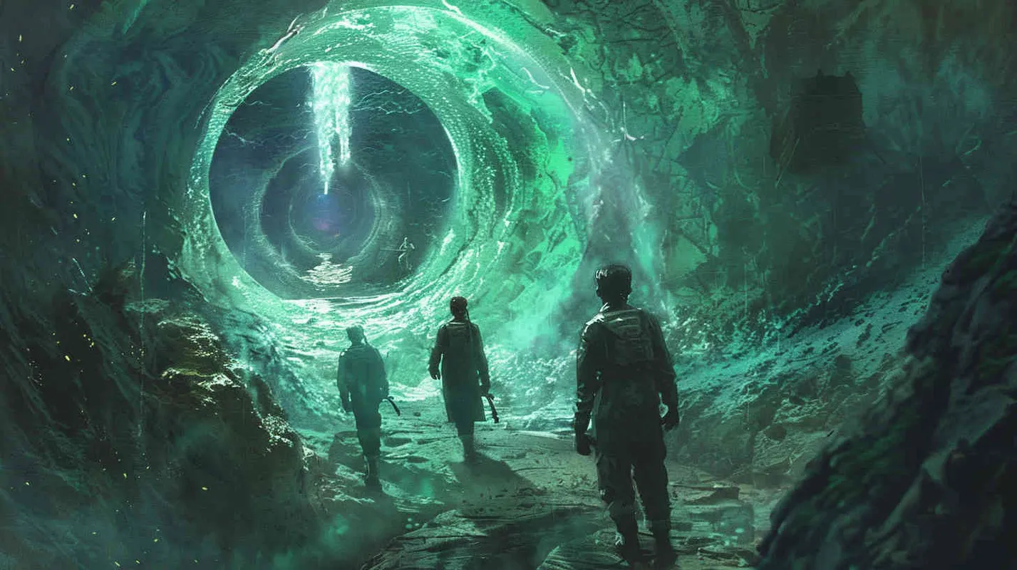 With newfound optimism, Professor Johnson and his team trail behind the enigmatic explorer, venturing into the depths of the unknown. As they delve into this mysterious underground realm, they brace themselves for even greater challenges and perils, all while uncovering the slowly emerging truths. - AI绘画作品展示 | Midjourney中文版生成
