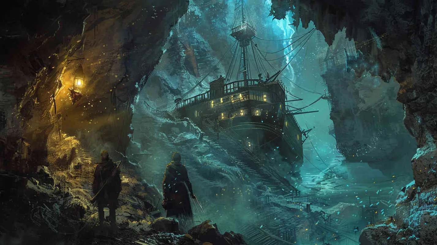 With newfound optimism, Professor Johnson and his team trail behind the enigmatic explorer, venturing into the depths of the unknown. As they delve into this mysterious underground realm, they brace themselves for even greater challenges and perils, all while uncovering the slowly emerging truths. - AI绘画作品展示 | Midjourney中文版生成