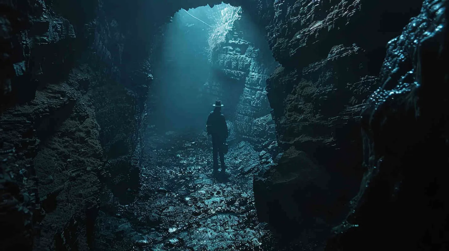 With newfound optimism, Professor Johnson and his team trail behind the enigmatic explorer, venturing into the depths of the unknown. As they delve into this mysterious underground realm, they brace themselves for even greater challenges and perils, all while uncovering the slowly emerging truths. - AI绘画作品展示 | Midjourney中文版生成