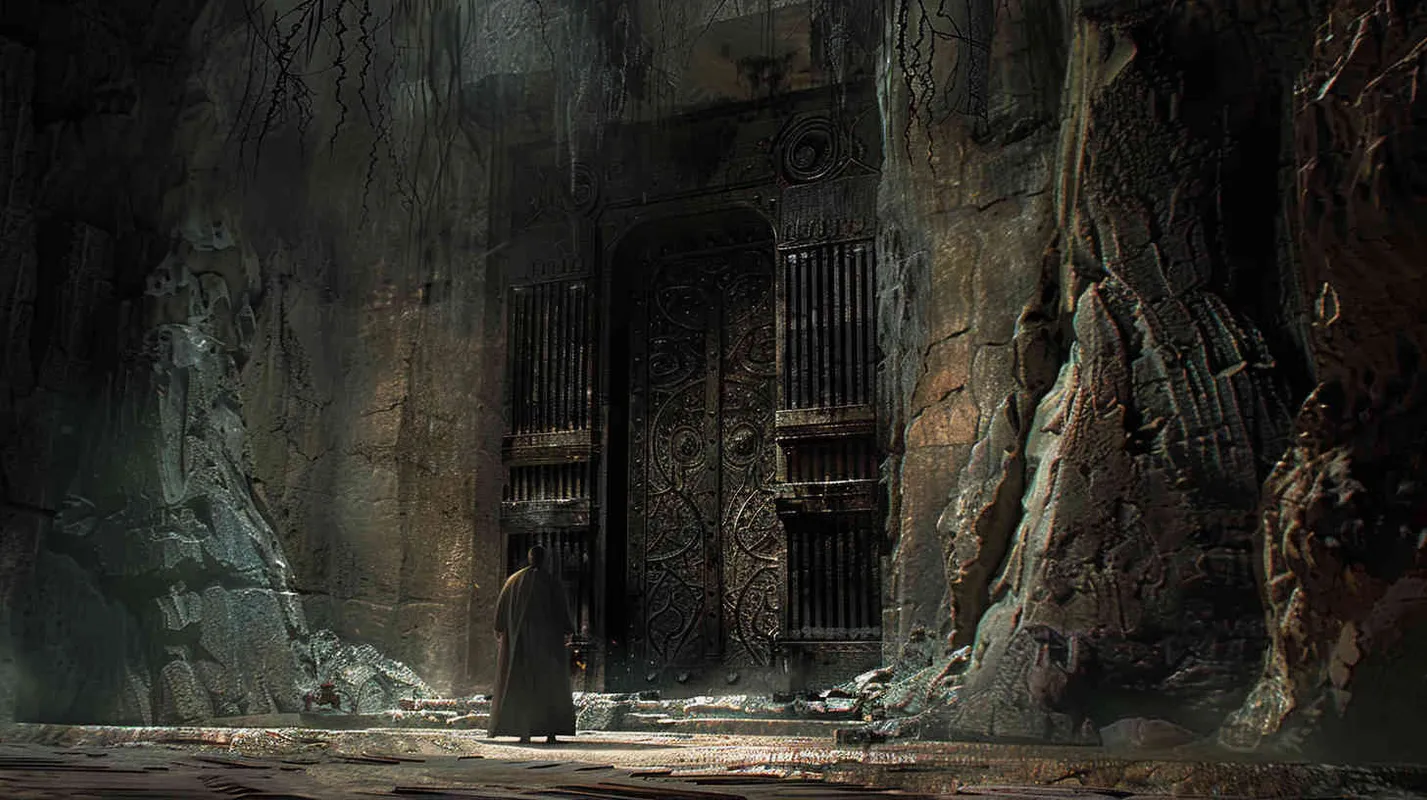 Within the depths of the cave, Professor Johnson approaches the imposing iron door, seeking aid to unlock its secrets. With a groan, the door swings open, revealing a figure cloaked in mystery, their gaze exuding an aura of ancient knowledge. - style2部分