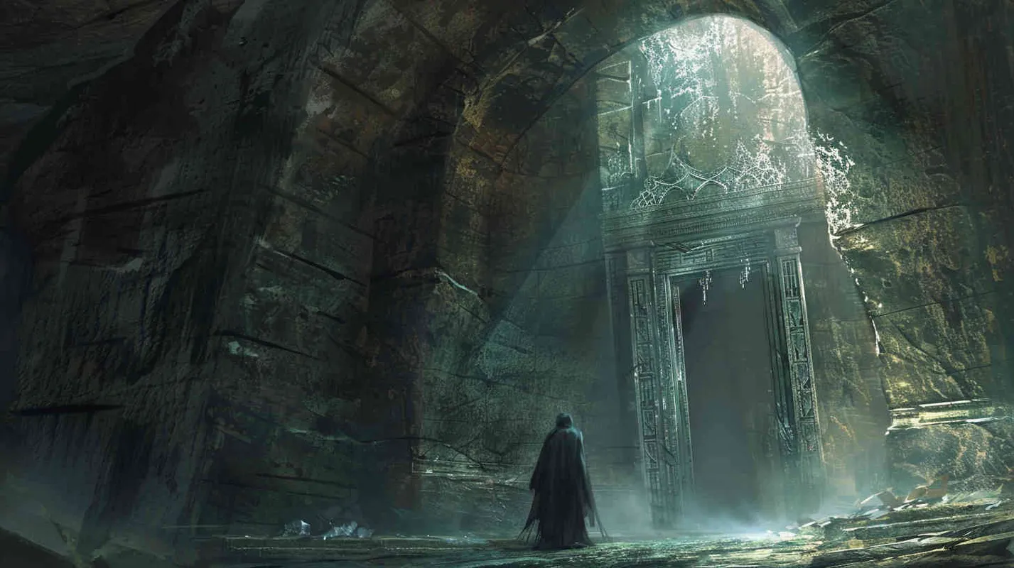 Within the depths of the cave, Professor Johnson approaches the imposing iron door, seeking aid to unlock its secrets. With a groan, the door swings open, revealing a figure cloaked in mystery, their gaze exuding an aura of ancient knowledge. - style3部分