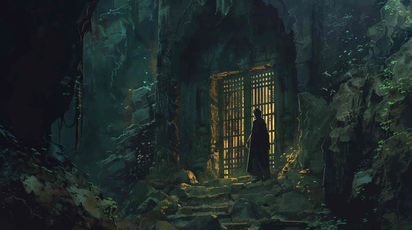 Within the depths of the cave, Professor Johnson approaches the imposing iron door, seeking aid to unlock its secrets. With a groan, the door swings open, revealing a figure cloaked in mystery, their gaze exuding an aura of ancient knowledge. - style4部分
