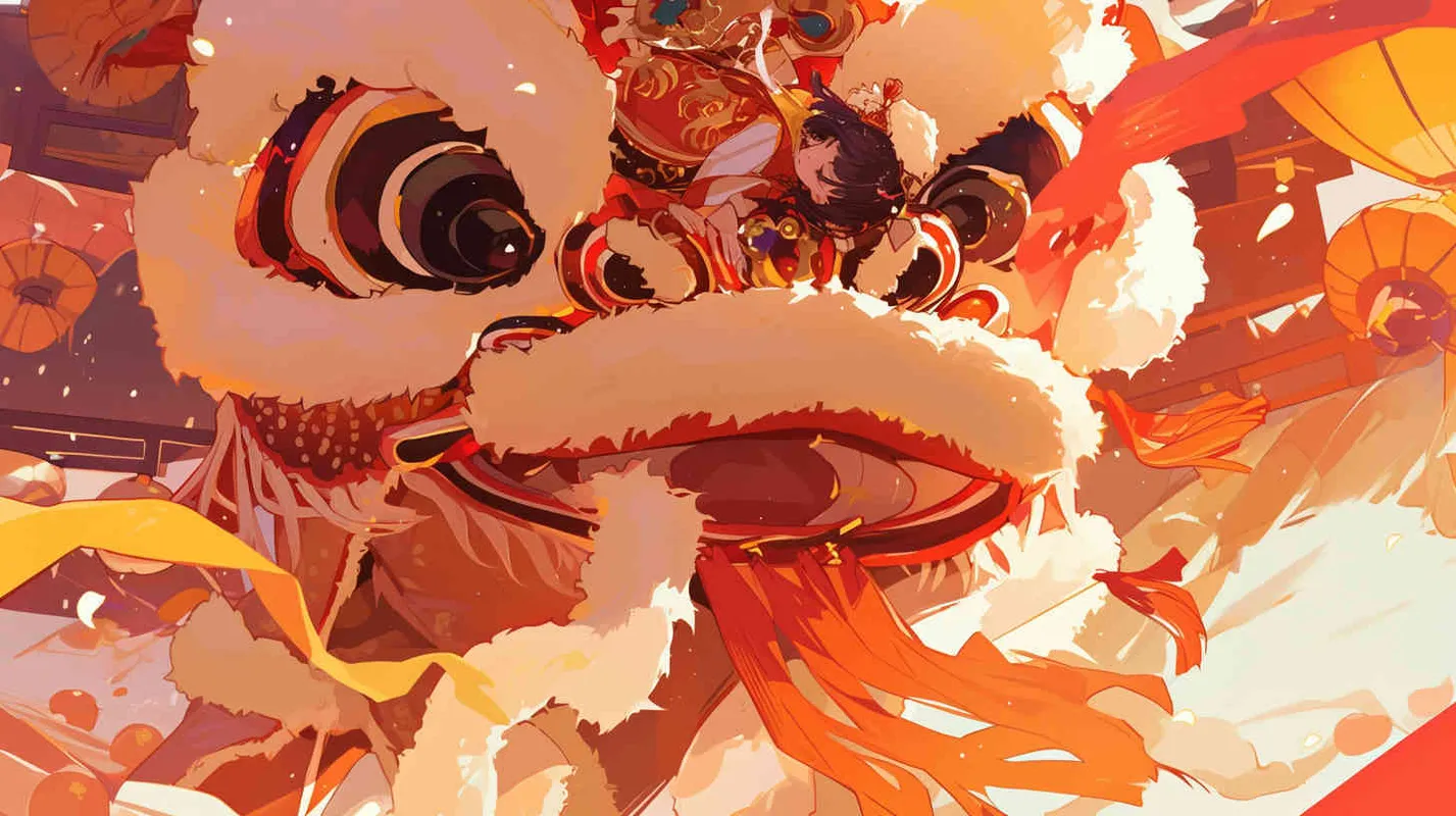 舞狮子喜庆过年，前景是有几个舞狮的场景，中近景，插画风格 - style1部分