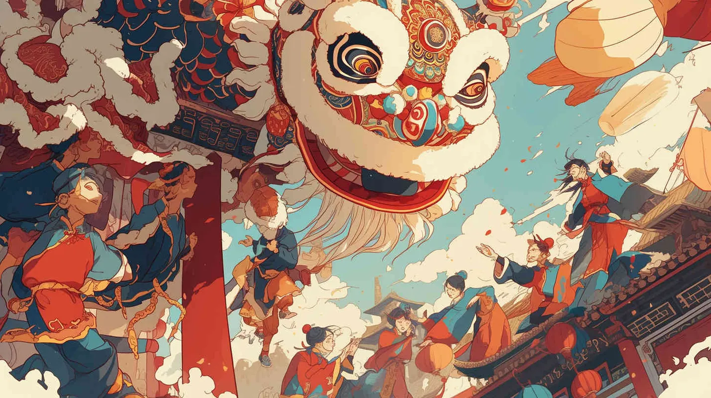 舞狮子喜庆过年，前景是有几个舞狮的场景，中近景，插画风格 - style2部分