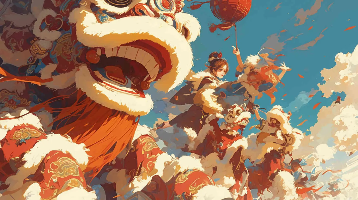舞狮子喜庆过年，前景是有几个舞狮的场景，中近景，插画风格 - style3部分