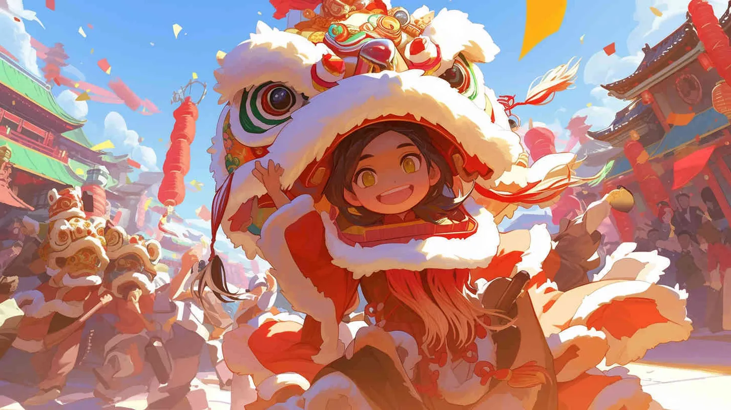 舞狮子喜庆过年，前景是有几个舞狮的场景，中近景，插画风格 - style4部分