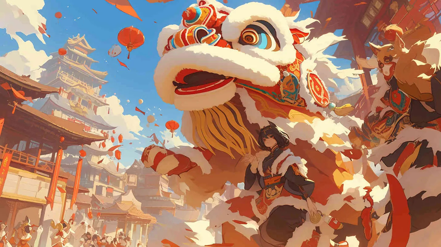 舞狮子喜庆过年，前景是有几个舞狮的场景，中近景，插画风格 - style1部分