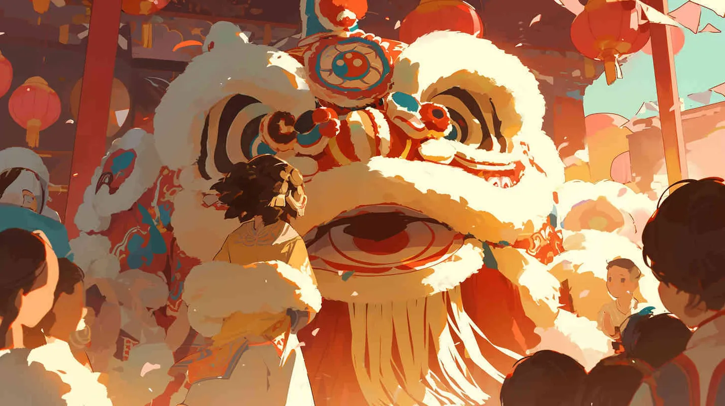 舞狮子喜庆过年，前景是有几个舞狮的场景，中近景，插画风格 - style3部分