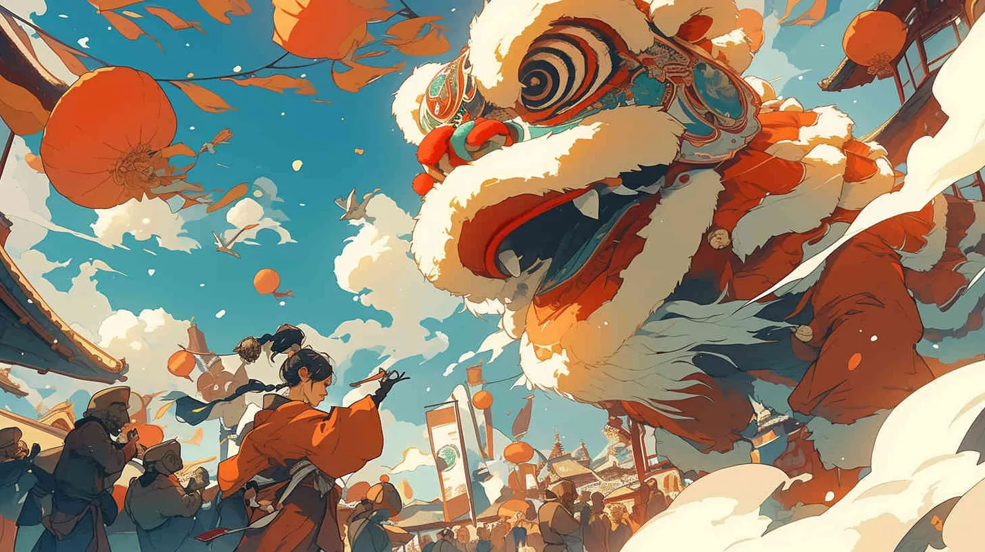 舞狮子喜庆过年，前景是有几个舞狮的场景，中近景，插画风格 - style4部分
