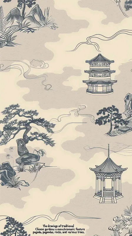 纯色背景的中式园林线稿纹样，有亭台楼阁、比较抽象的烟云、寿山石、树木等 – AI绘画作品展示 | Midjourney中文版生成