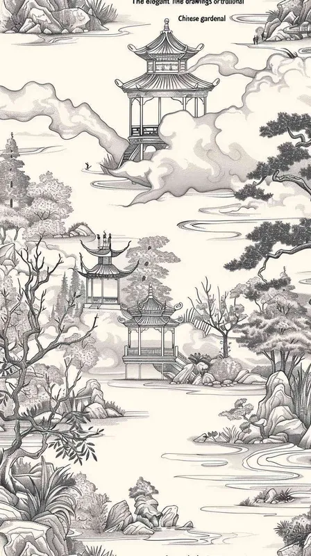 纯色背景的中式园林线稿纹样，有亭台楼阁、比较抽象的烟云、寿山石、树木等 - style2部分