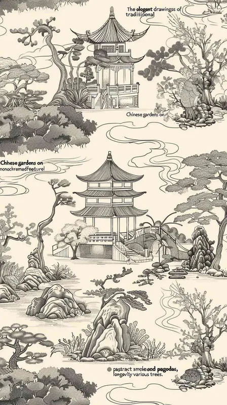 纯色背景的中式园林线稿纹样，有亭台楼阁、比较抽象的烟云、寿山石、树木等 - style3部分