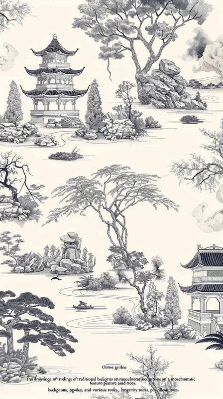 纯色背景的中式园林线稿纹样，有亭台楼阁、比较抽象的烟云、寿山石、树木等 - style4部分