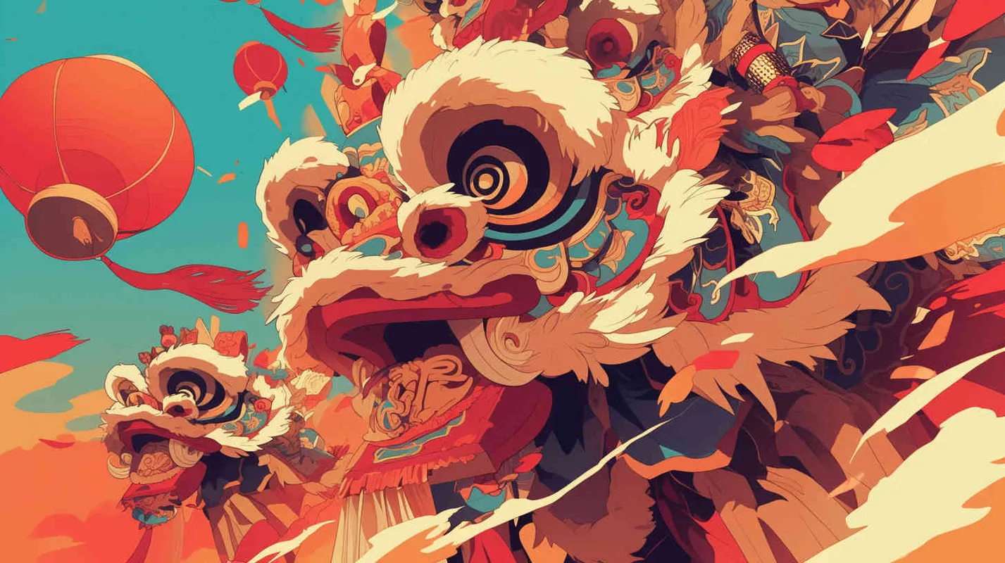 舞狮子喜庆过年，前景是有几个舞狮的场景，中近景，插画风格 - style3部分