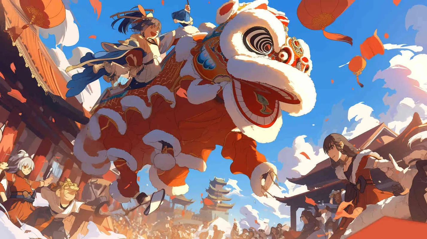 舞狮子喜庆过年，前景是有几个舞狮的场景，中近景，插画风格 - style4部分