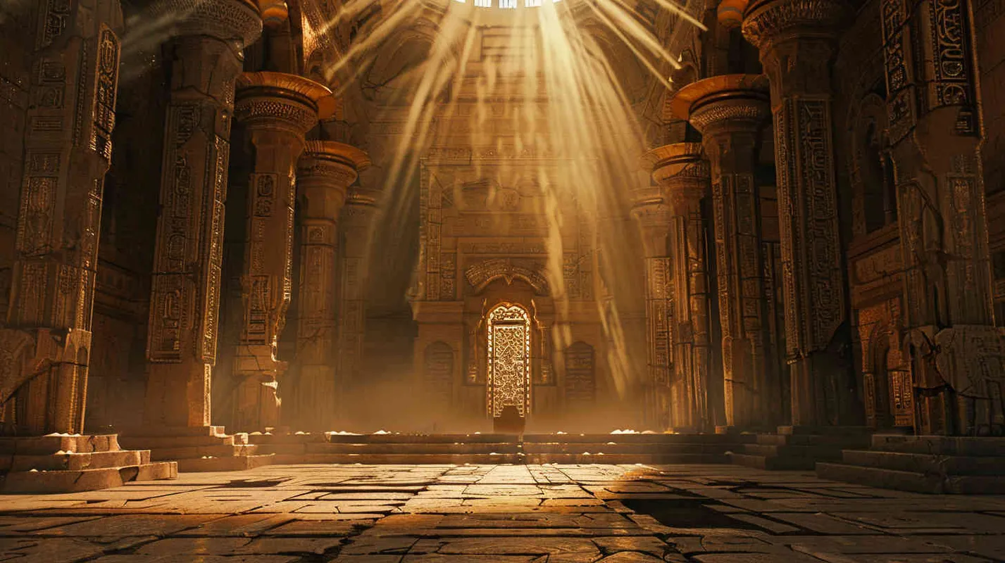 Ancient Civilization's Sacred Hall，Realistic photo, low lighting, wide angle shot, ancient architecture, intricate carvings, golden hour lighting, mysterious atmosphere. - style1部分