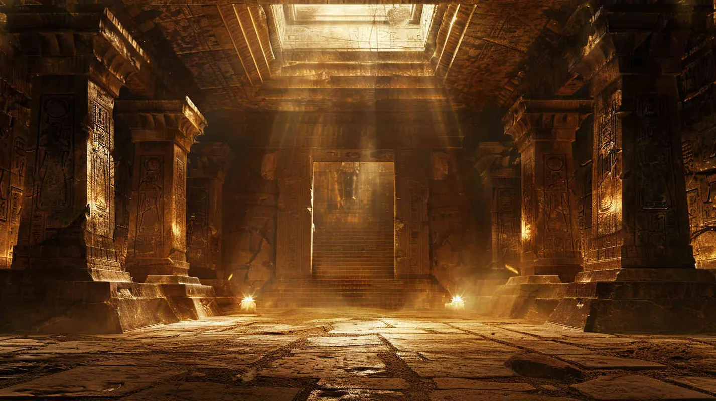 Ancient Civilization's Sacred Hall，Realistic photo, low lighting, wide angle shot, ancient architecture, intricate carvings, golden hour lighting, mysterious atmosphere. - style2部分