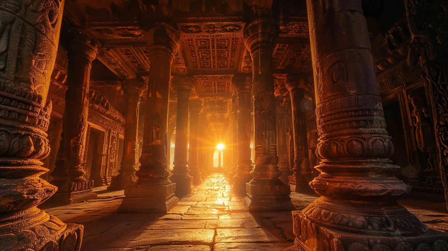 Ancient Civilization's Sacred Hall，Realistic photo, low lighting, wide angle shot, ancient architecture, intricate carvings, golden hour lighting, mysterious atmosphere. - style3部分