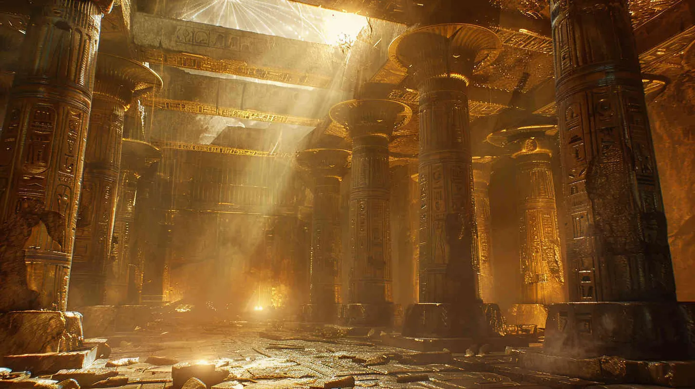 Ancient Civilization's Sacred Hall，Realistic photo, low lighting, wide angle shot, ancient architecture, intricate carvings, golden hour lighting, mysterious atmosphere. - style4部分