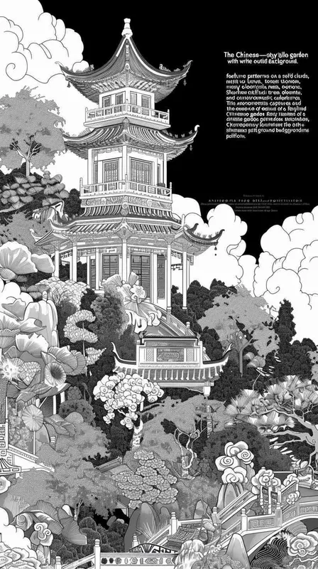 纯色背景的中式园林白描线稿纹样，有亭台楼阁、烟云、寿山石、假山、树木等，仙境中的中式园林，白描线稿 - style1部分