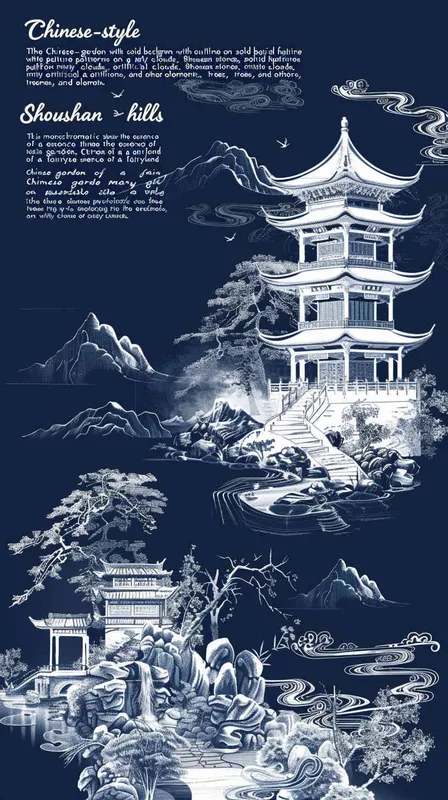 纯色背景的中式园林白描线稿纹样，有亭台楼阁、烟云、寿山石、假山、树木等，仙境中的中式园林，白描线稿 - style2部分