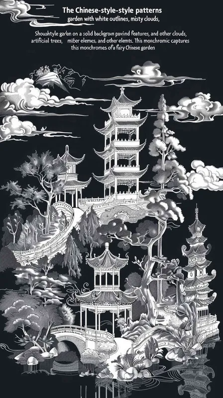 纯色背景的中式园林白描线稿纹样，有亭台楼阁、烟云、寿山石、假山、树木等，仙境中的中式园林，白描线稿 - style3部分