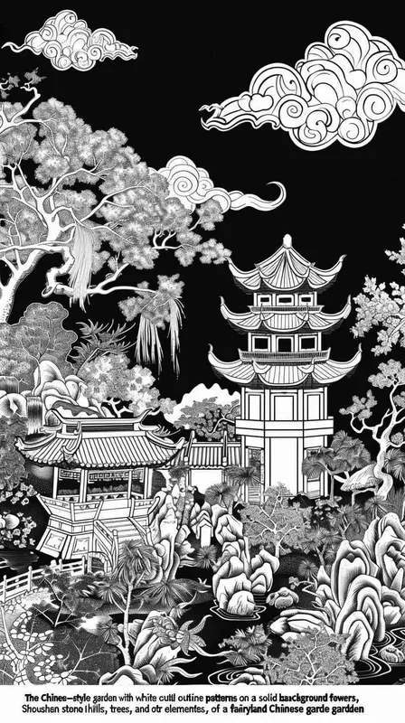 纯色背景的中式园林白描线稿纹样，有亭台楼阁、烟云、寿山石、假山、树木等，仙境中的中式园林，白描线稿 - style4部分