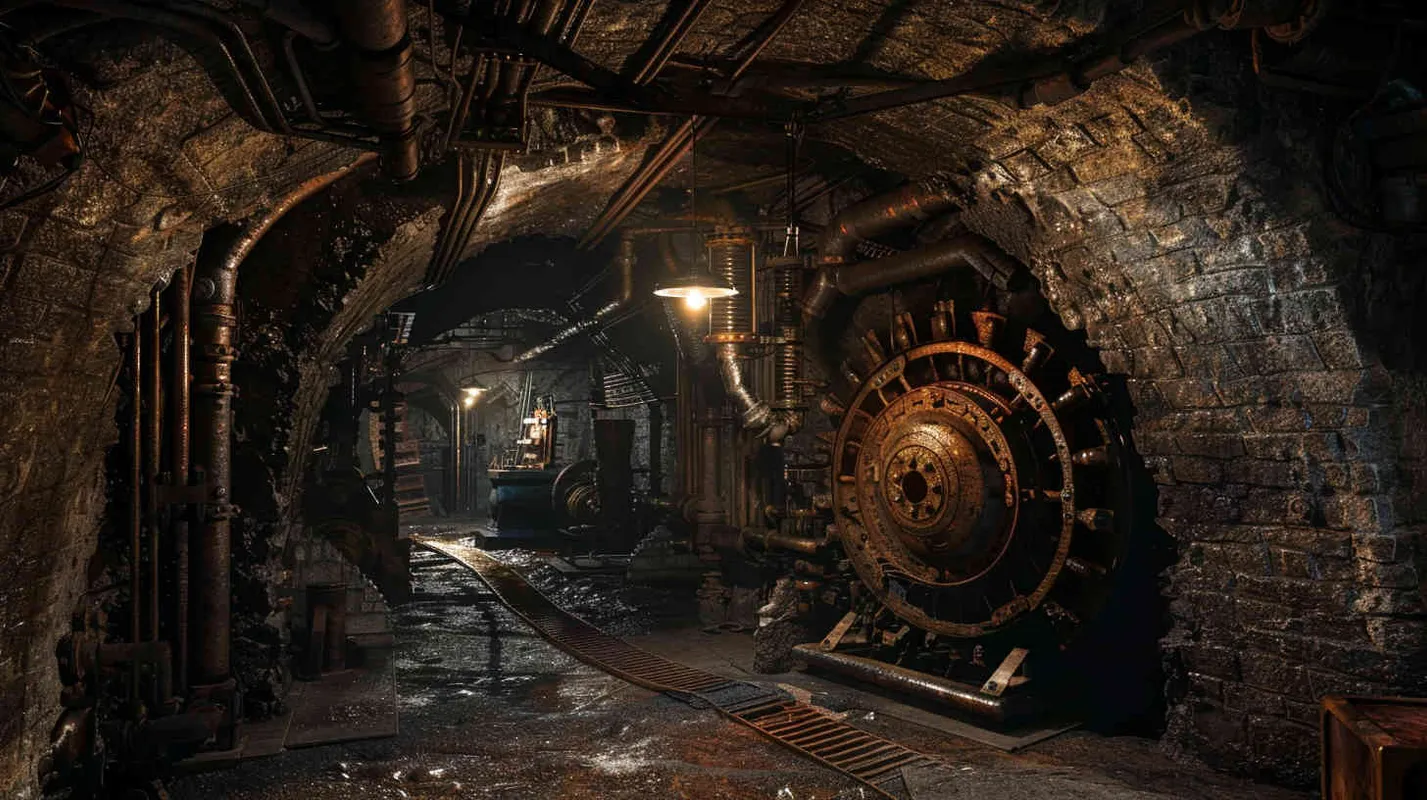 Realistic photo, dim lighting, cavernous atmosphere, ancient machinery, intricate mechanisms, shadows playing on the walls, glowing gemstone as the focal point, suspenseful mood. - style3部分