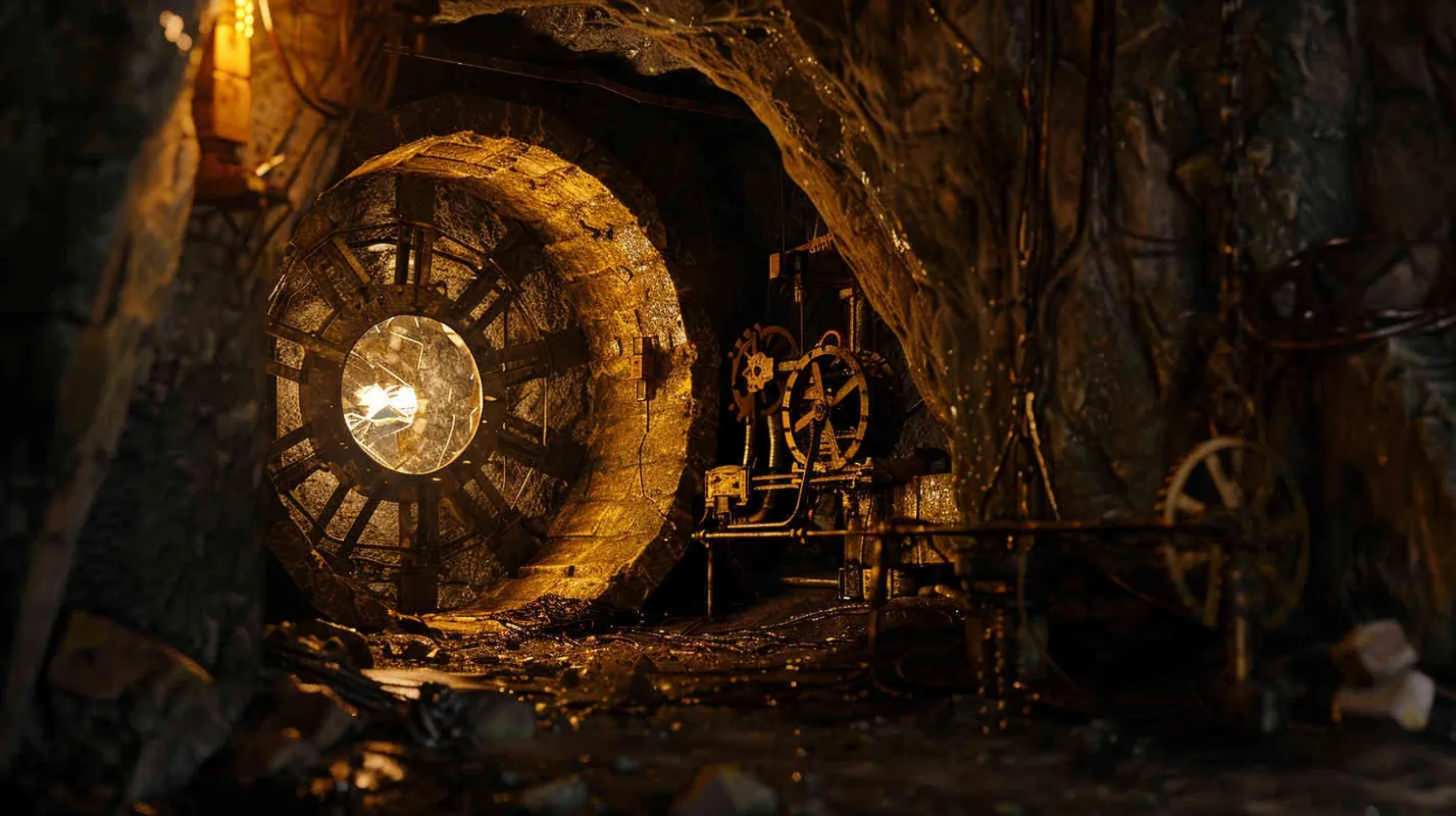 Realistic photo, dim lighting, cavernous atmosphere, ancient machinery, intricate mechanisms, shadows playing on the walls, glowing gemstone as the focal point, suspenseful mood. - style4部分