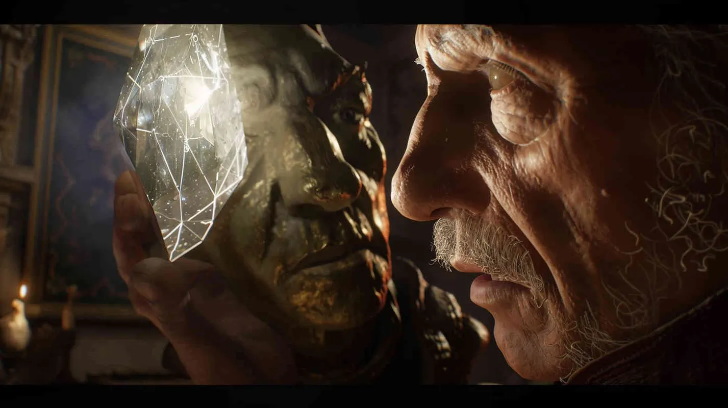 The gemstone emits a powerful glow, as if guiding them forward. Professor Johnson inserts the gemstone into the statue's eye socket, instantly, the statue begins to tremble faintly, as if conveying a message. Intricate details of the gemstone, its pulsating light illuminating the surroundings, highlighting the professor's cautious yet determined expression, indicating the significance of the moment. Realistic photo, using a Nikon D850 with a 50mm lens, capturing the scene with natural lighting and precise focus, --ar 16:9 --v 5 - style2部分