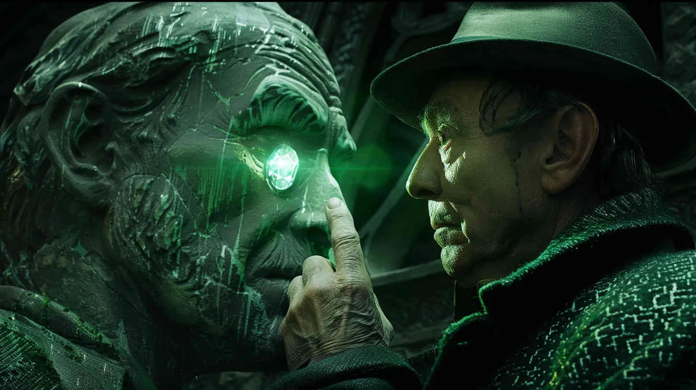The gemstone emits a powerful glow, as if guiding them forward. Professor Johnson inserts the gemstone into the statue's eye socket, instantly, the statue begins to tremble faintly, as if conveying a message. Intricate details of the gemstone, its pulsating light illuminating the surroundings, highlighting the professor's cautious yet determined expression, indicating the significance of the moment. Realistic photo, using a Nikon D850 with a 50mm lens, capturing the scene with natural lighting and precise focus, --ar 16:9 --v 5 - style3部分