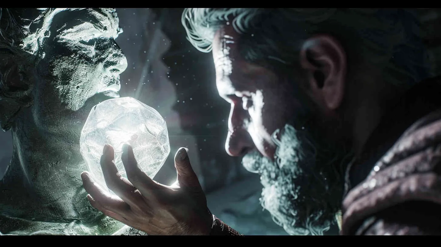 The gemstone emits a powerful glow, as if guiding them forward. Professor Johnson inserts the gemstone into the statue's eye socket, instantly, the statue begins to tremble faintly, as if conveying a message. Intricate details of the gemstone, its pulsating light illuminating the surroundings, highlighting the professor's cautious yet determined expression, indicating the significance of the moment. Realistic photo, using a Nikon D850 with a 50mm lens, capturing the scene with natural lighting and precise focus, --ar 16:9 --v 5 - style4部分