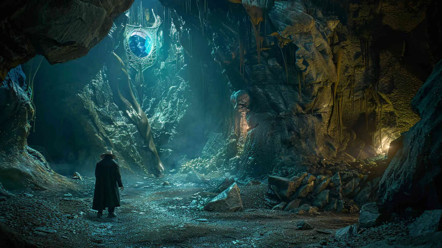 Professor Johnson and his team explore the cavernous hallways of the cave, searching for clues. They uncover hidden buttons and mechanisms concealed within the walls. After a strenuous exploration, they finally activate an ancient mechanical contraption, retrieving a sparkling gemstone. Realistic photo, using a Canon EOS R5 with a 35mm lens, capturing the scene with natural lighting and sharp details, --ar 16:9 --v 5 - style2部分