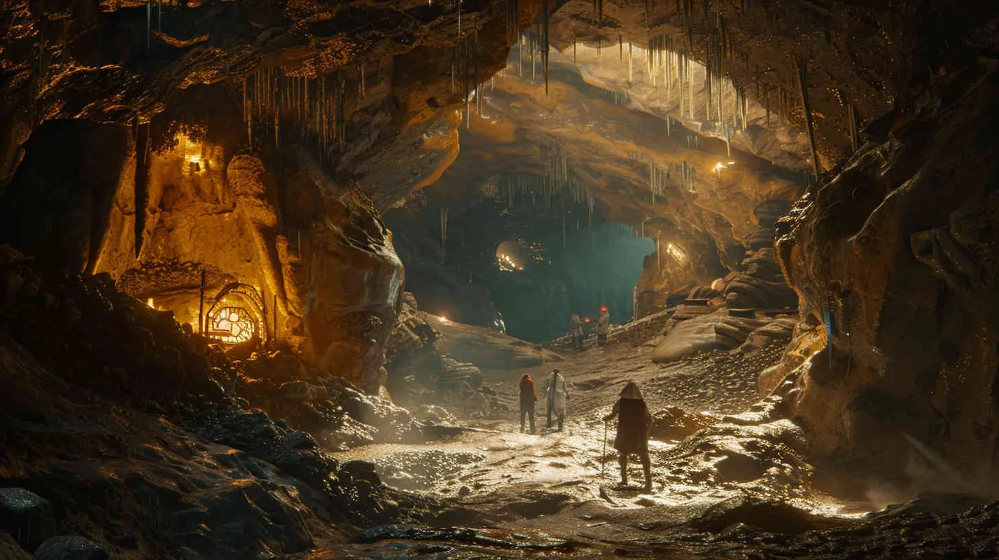 Professor Johnson and his team explore the cavernous hallways of the cave, searching for clues. They uncover hidden buttons and mechanisms concealed within the walls. After a strenuous exploration, they finally activate an ancient mechanical contraption, retrieving a sparkling gemstone. Realistic photo, using a Canon EOS R5 with a 35mm lens, capturing the scene with natural lighting and sharp details, --ar 16:9 --v 5 - style4部分