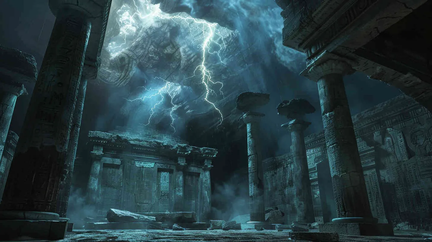 A thunderous roar echoes through the hall, the ground trembles, and ancient inscriptions on the walls begin to flicker. A colossal surge of energy emanates from the statue's body, enveloping the entire chamber. Professor Johnson and his team feel a powerful force binding them tightly, as if transporting them to another unknown realm. Realistic photo, using a Nikon D850 with a 24-70mm lens, capturing the moment with dramatic lighting and intense details, --ar 16:9 --v 5 - style1部分