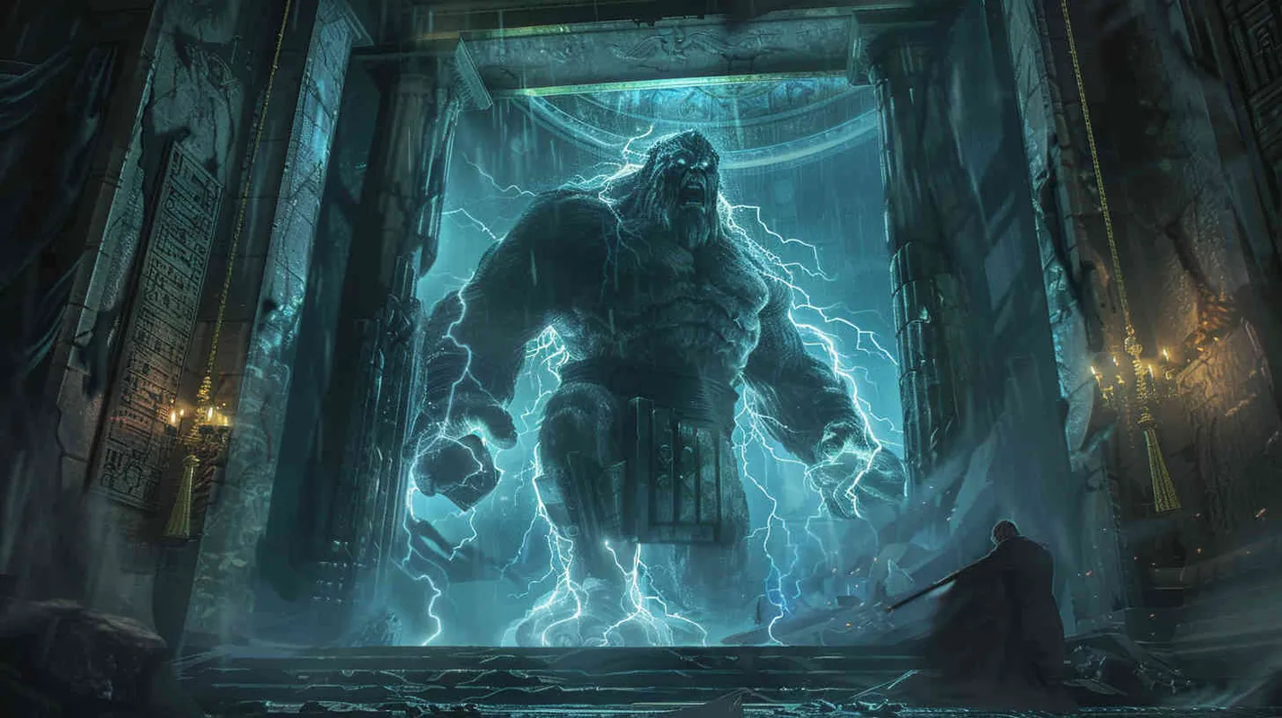 A thunderous roar echoes through the hall, the ground trembles, and ancient inscriptions on the walls begin to flicker. A colossal surge of energy emanates from the statue's body, enveloping the entire chamber. Professor Johnson and his team feel a powerful force binding them tightly, as if transporting them to another unknown realm. Realistic photo, using a Nikon D850 with a 24-70mm lens, capturing the moment with dramatic lighting and intense details, --ar 16:9 --v 5 - style2部分