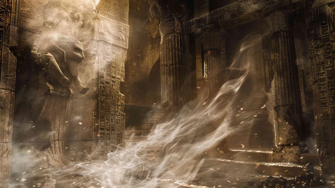 A thunderous roar echoes through the hall, the ground trembles, and ancient inscriptions on the walls begin to flicker. A colossal surge of energy emanates from the statue's body, enveloping the entire chamber. Professor Johnson and his team feel a powerful force binding them tightly, as if transporting them to another unknown realm. Realistic photo, using a Nikon D850 with a 24-70mm lens, capturing the moment with dramatic lighting and intense details, --ar 16:9 --v 5 - style3部分