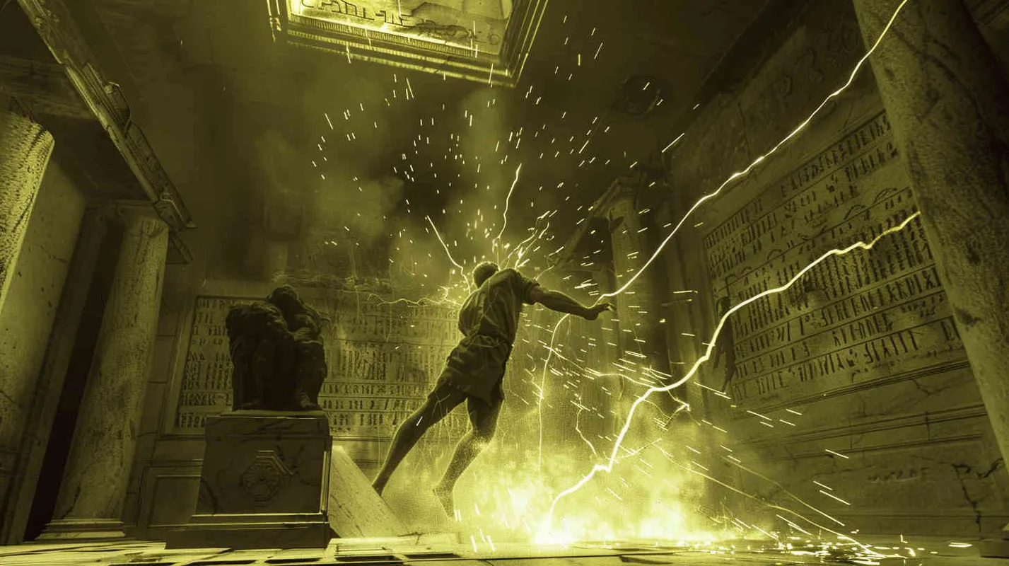 A thunderous roar echoes through the hall, the ground trembles, and ancient inscriptions on the walls begin to flicker. A colossal surge of energy emanates from the statue's body, enveloping the entire chamber. Professor Johnson and his team feel a powerful force binding them tightly, as if transporting them to another unknown realm. Realistic photo, using a Nikon D850 with a 24-70mm lens, capturing the moment with dramatic lighting and intense details, --ar 16:9 --v 5 - style4部分