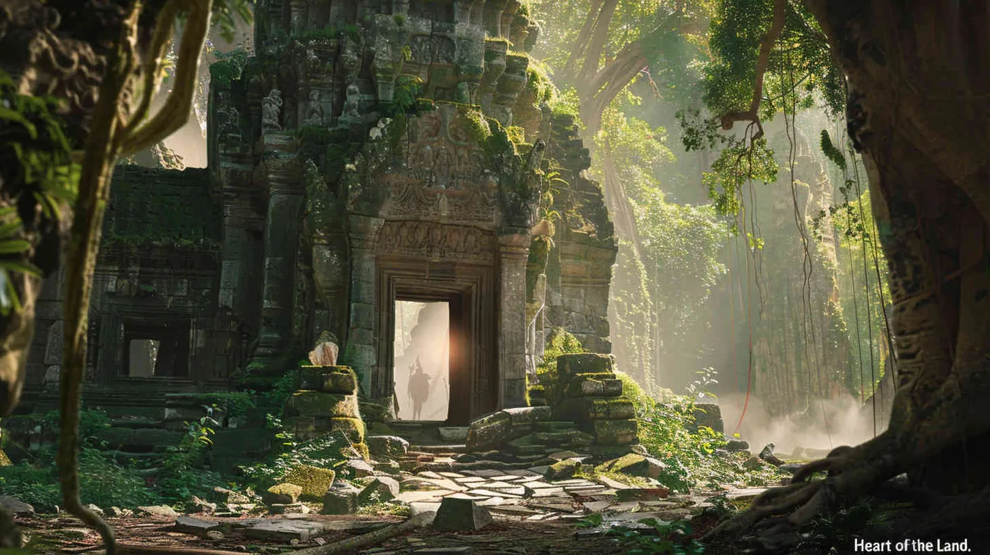 Amidst the desolate land, they stumble upon an ancient temple emanating a mysterious glow, seemingly guiding their path forward. Determined, they decide to enter the temple in hopes of uncovering more clues about the 