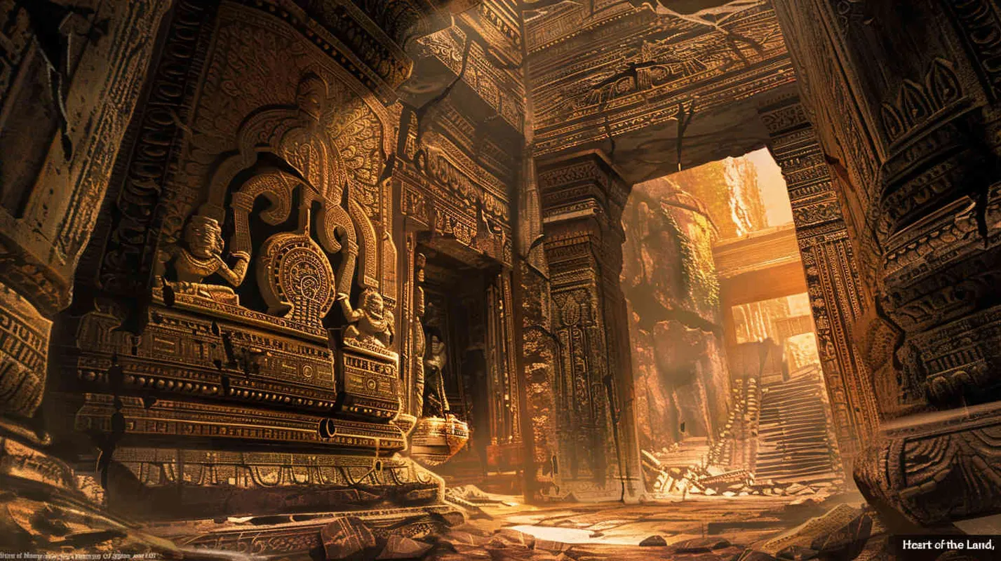 Within the temple's interior, ancient carvings and decorations adorn every surface, while the walls are inscribed with archaic texts recounting age-old legends and mysterious tales. Johnson, along with his team, embarks on a quest to uncover clues about the 