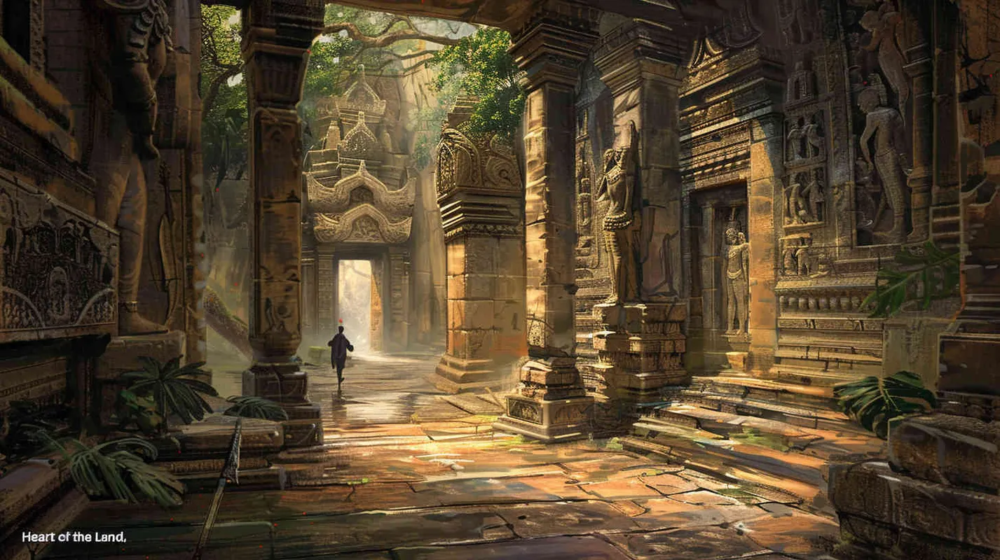 Within the temple's interior, ancient carvings and decorations adorn every surface, while the walls are inscribed with archaic texts recounting age-old legends and mysterious tales. Johnson, along with his team, embarks on a quest to uncover clues about the 
