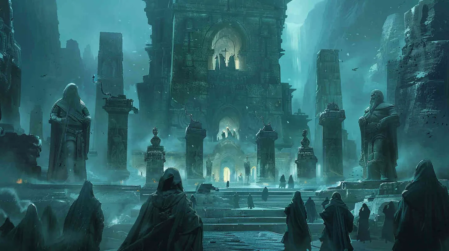 They encounter ancient guardians and priests, learning about the ancient legends and mysterious rituals of the land. Detailed illustration, depicting the imposing figures of the guardians and the wise demeanor of the priests amidst a backdrop of ancient ruins and mystical symbols, --ar 16:9 --v 5 - AI绘画作品展示 | Midjourney中文版生成