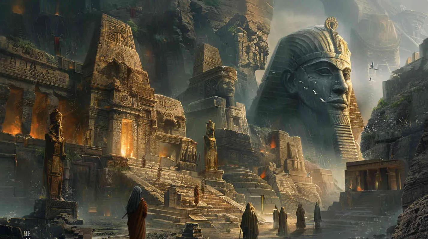 They encounter ancient guardians and priests, learning about the ancient legends and mysterious rituals of the land. Detailed illustration, depicting the imposing figures of the guardians and the wise demeanor of the priests amidst a backdrop of ancient ruins and mystical symbols, --ar 16:9 --v 5 - AI绘画作品展示 | Midjourney中文版生成