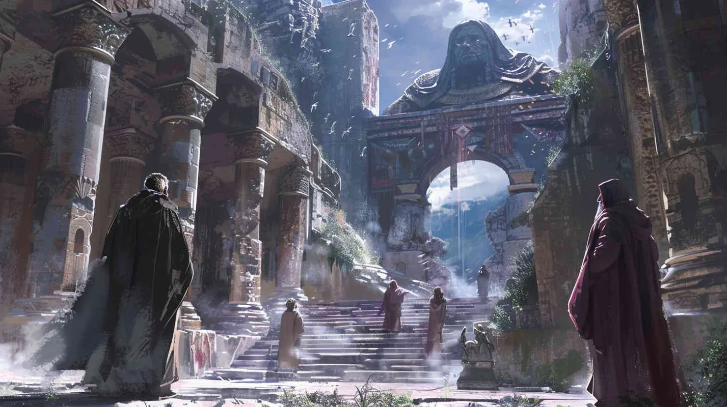 They encounter ancient guardians and priests, learning about the ancient legends and mysterious rituals of the land. Detailed illustration, depicting the imposing figures of the guardians and the wise demeanor of the priests amidst a backdrop of ancient ruins and mystical symbols, --ar 16:9 --v 5 - AI绘画作品展示 | Midjourney中文版生成