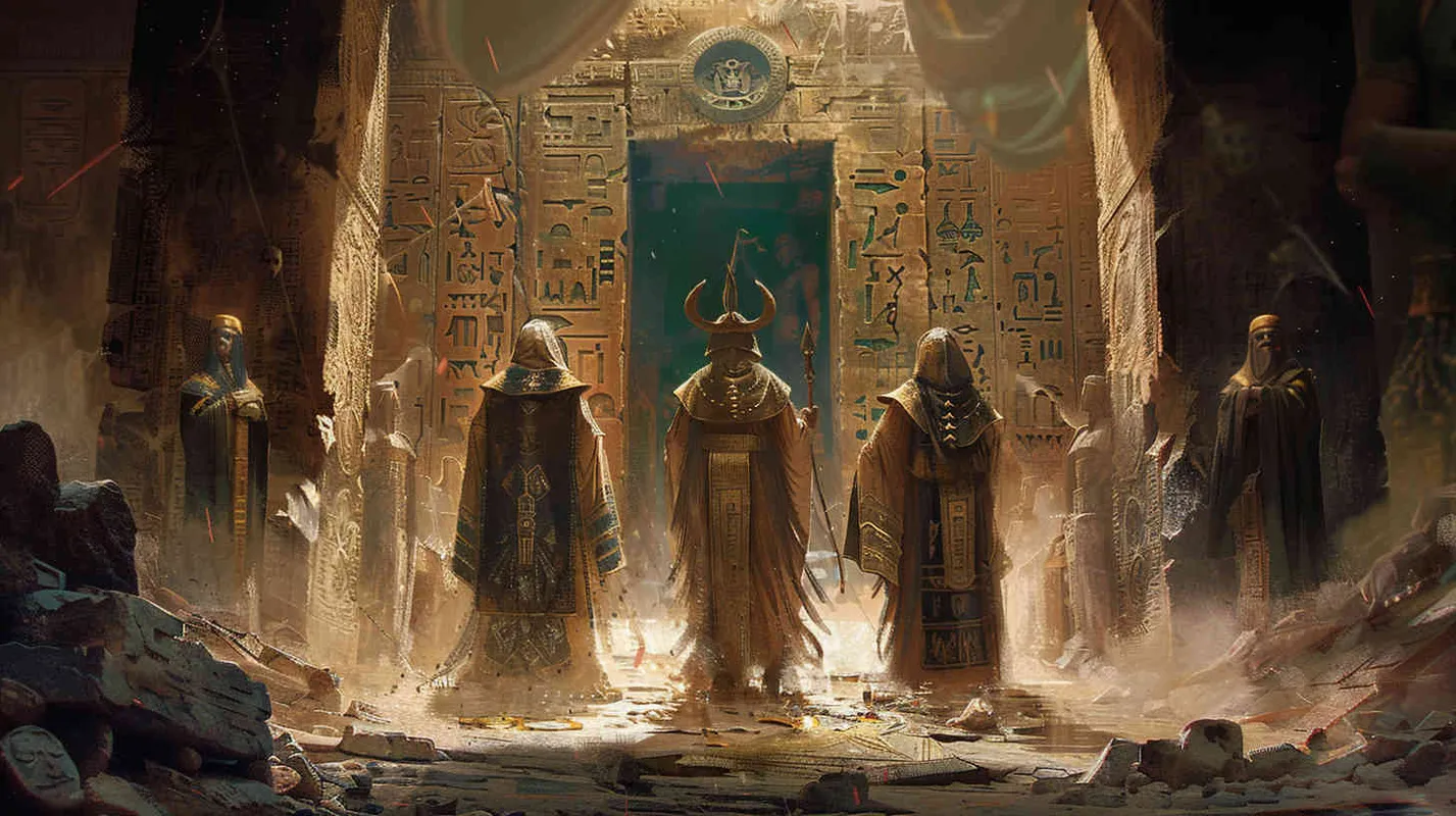 They encounter ancient guardians and priests, learning about the ancient legends and mysterious rituals of the land. Detailed illustration, depicting the imposing figures of the guardians and the wise demeanor of the priests amidst a backdrop of ancient ruins and mystical symbols, --ar 16:9 --v 5 - AI绘画作品展示 | Midjourney中文版生成