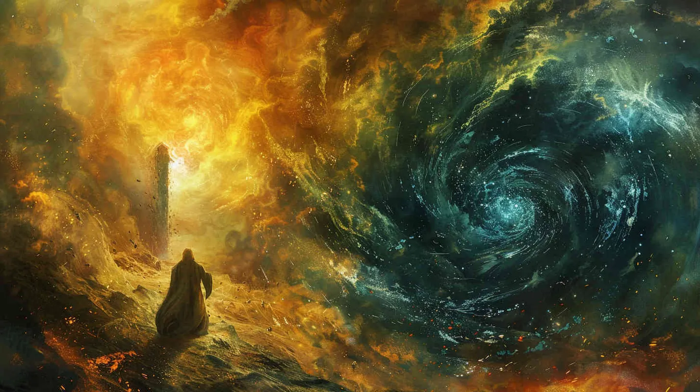 They finally uncover the secret to opening the stone door, which slowly swings open, unleashing a powerful energy that sweeps them into an entirely different space. Painting, depicting the stone door opening amidst swirling mystical energies, engulfing the characters in a vortex of light and color, --ar 16:9 --v 5 - style1部分