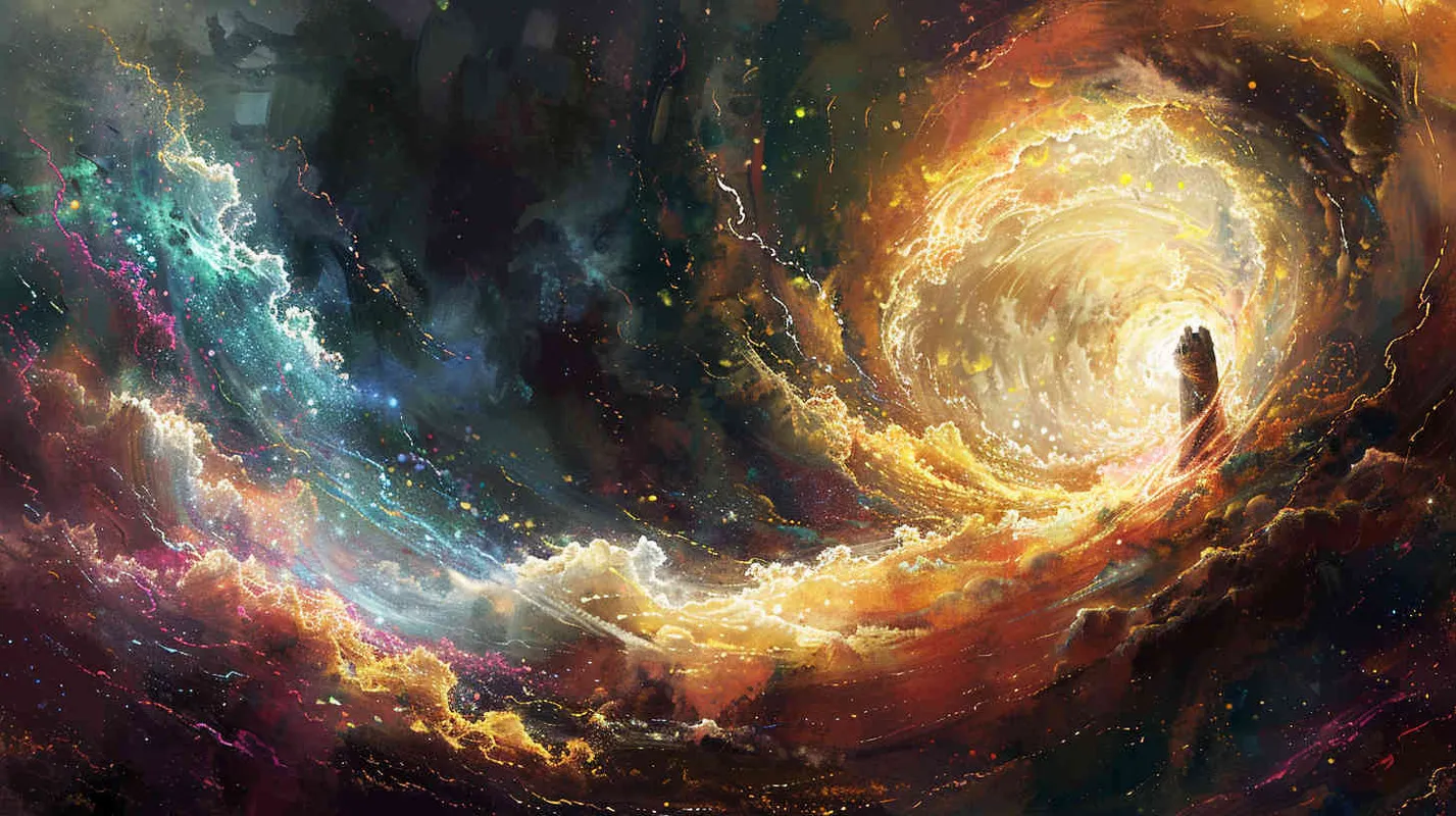 They finally uncover the secret to opening the stone door, which slowly swings open, unleashing a powerful energy that sweeps them into an entirely different space. Painting, depicting the stone door opening amidst swirling mystical energies, engulfing the characters in a vortex of light and color, --ar 16:9 --v 5 - style2部分